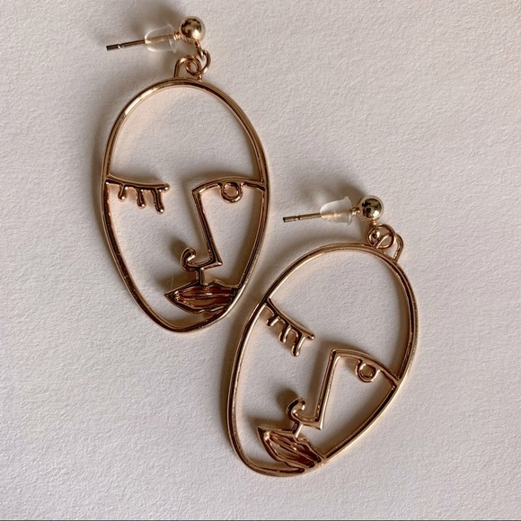 💝 Abstract Gold Wired Hand Made Face Earrings - Picture 1 of 3